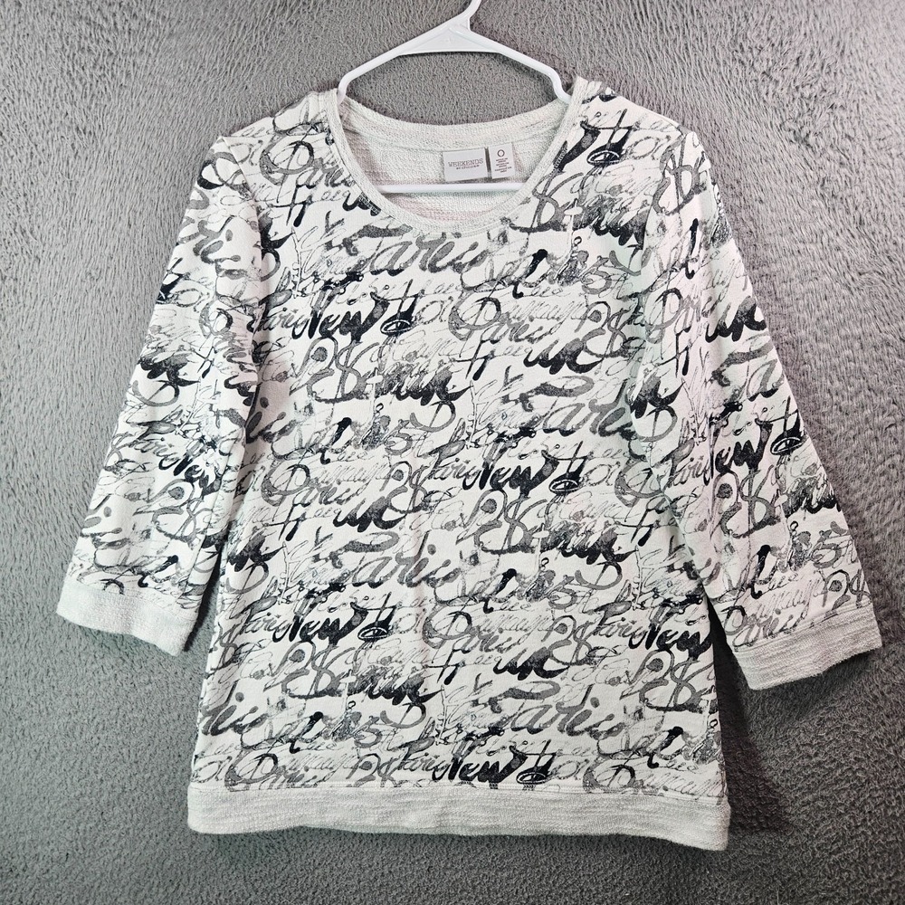 Chico's Weekend Top Women Size 0‎ Geometric Print White Black Stretch Fall